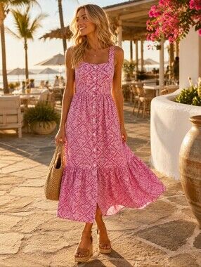 Banjanan Helena Dress Midi Organic Cotton Tiered Sundress Lined Pink & White XS